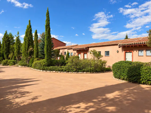 La fachada lateral de las casas, con los setos delante