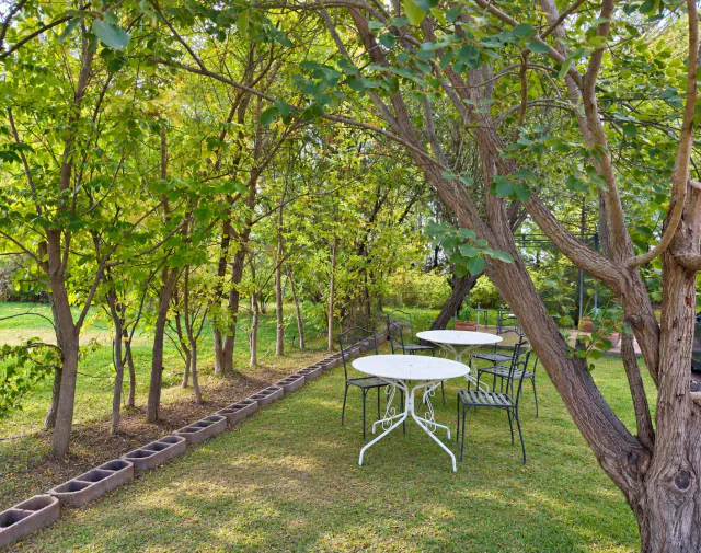 Las mesas del jardín, a la sombra de un árbol